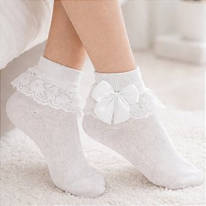 Meia Infantil com Renda Larga, Laço e Pérola