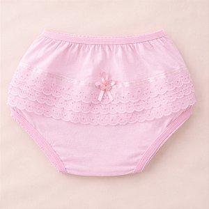 Calcinha Infantil com 3 Babados de Bordado Inglês e Laço