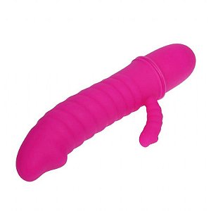 VIBRADOR DE SILICONE 15CM COM ESTIMULADOR CLITORIANO CONFORTÁVEL A PILHA