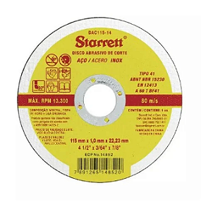 Disco de corte STARRETT 4.1/2 X 3/64 X7/8 PACOTE C/12