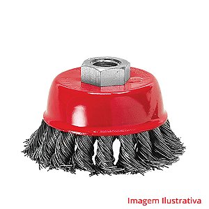 Escova tipo copo, aco carbono, torcida, rosca m14 100mm