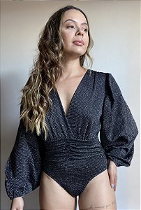 BODY MANGA LONGA PRETO EM LUREX NECKLINE