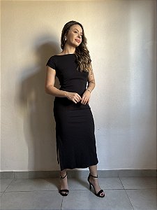 VESTIDO MIDI MANGA CURTA PRETO OHIO