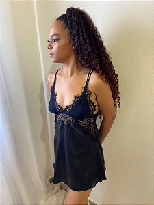 PIJAMA CAMISOLA SEDA E RENDA PRETO EMMA