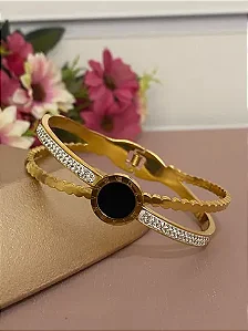 BRACELETE DOURADO AÇO INOX DUPLO CRAVEJADO E DETALHE PRETO