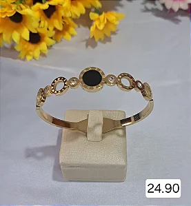 BRACELETE DOURADO AÇO INOX DETALHE CÍRCULO PRETO