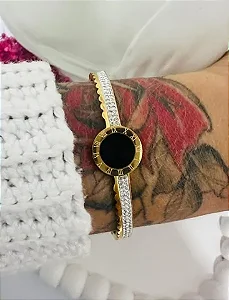 BRACELETE DOURADO AÇO INOX PRETO E CRISTAL