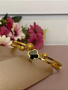 BRACELETE DOURADO AÇO INOX DUPLO TREVO PRETO
