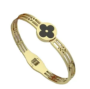 BRACELETE DOURADO AÇO INOX TREVO PRETO