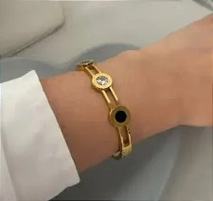 BRACELETE DOURADO AÇO INOX PRETO E CRISTAL