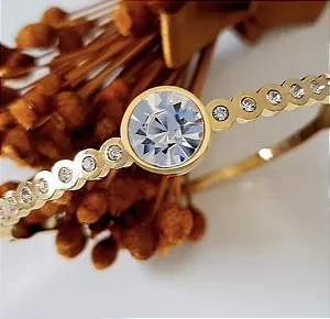 BRACELETE DOURADO AÇO INOX PEDRA CRISTAL