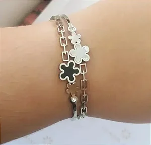 BRACELETE PRATEADO AÇO INOX COM FLOR BRANCA E PRETA