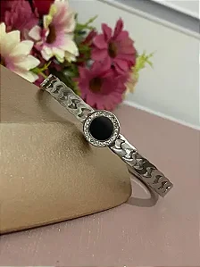 BRACELETE PRATEADO AÇO INOX CRAVEJADO DETALHE PRETO