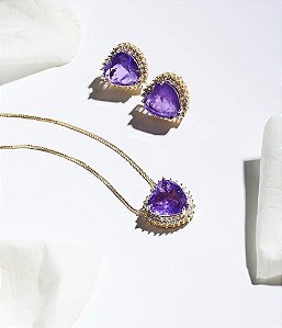 CONJUNTO PRATEADO COLAR E BRINCO CORAÇÃO ROXO CRAVEJADO