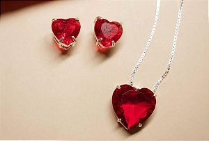 CONJUNTO PRATEADO COLAR E BRINCOS CORAÇÃO GRANDE