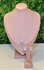 CONJUNTO PRATEADO COLAR E BRINCO CORAÇÃO CRISTAL