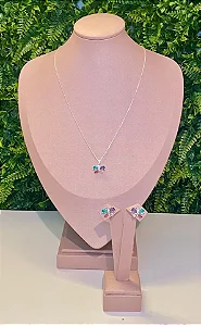 CONJUNTO PRATEADO COLAR E BRINCOS BORBOLETA COLORS MINI