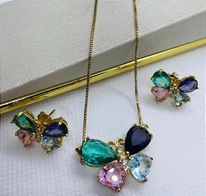 CONJUNTO DOURADO COLAR E BRINCOS BORBOLETAS ZIRCÔNIAS COLORS