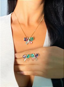 CONJUNTO DOURADO COLAR E BRINCO BORBOLETA PEDRA COLORS