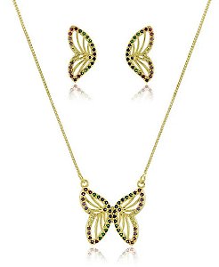 CONJUNTO DOURADO COLAR E BRINCOS BORBOLETA COM ZIRCÔNIAS COLORS