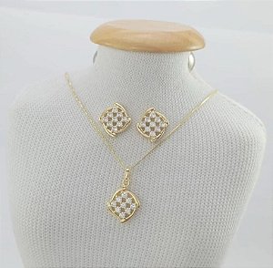 CONJUNTO DOURADO COLAR E BRINCO QUADRADO CRAVEJADO