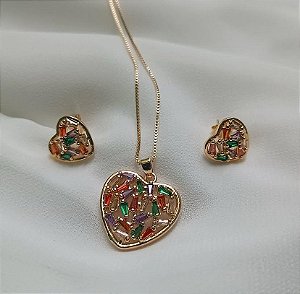 CONJUNTO DOURADO COLAR E BRINCOS CORAÇÃO ZIRCÔNIAS BAGUETES COLORS