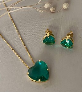 CONJUNTO DOURADO COLAR E BRINCOS ZIRCÔNIA CORAÇÃO VERDE