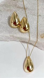CONJUNTO DOURADO COLAR E BRINCOS GOTA LISA