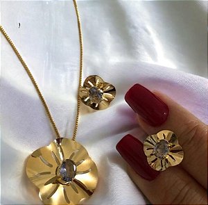 CONJUNTO DOURADO COLAR E BRINCOS FLOR COM ZIRCÔNIA AZUL