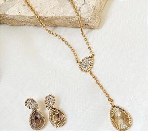 CONJUNTO DOURADO COLAR E BRINCO GRAVATINHA GOTA CRAVEJADA