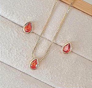 CONJUNTO DOURADO COLAR E BRINCOS GOTA PEQUENA ZIRCÔNIA COR LARANJA