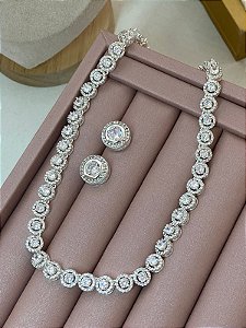 CONJUNTO PRATEADO COLAR E BRINCO INSPIRAÇÃO SVAROWSKY PRATA