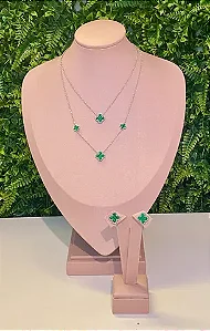 CONJUNTO PRATEADO COLAR E BRINCO VAN CLEEF MALAQUITA