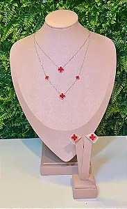 CONJUNTO PRATEADO COLAR E BRINCO VAN CLEEF VERMELHO
