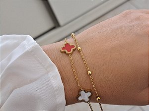 PULSEIRA DOURADA AÇO INOX TREVO BRANCO PRETO VERMELHO