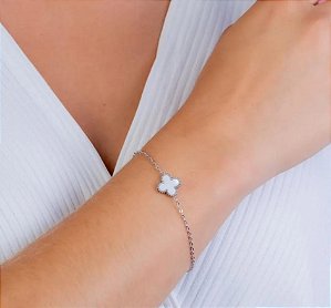 PULSEIRA PRATEADA AÇO INOX INSPIRAÇÃO VAN CLEEF 1 TREVO