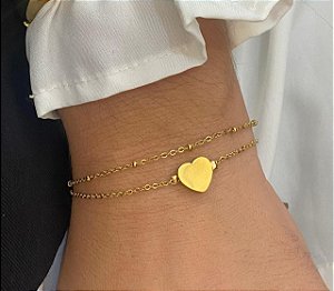PULSEIRA DOURADA AÇO INOX DUPLA CORAÇÃO