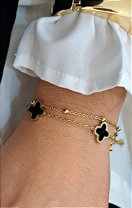 PULSEIRA DOURADA AÇO INOX TREVO PRETO