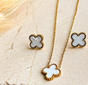 CONJUNTO DOURADO COLAR E BRINCO AÇO INOX VAN CLEEF