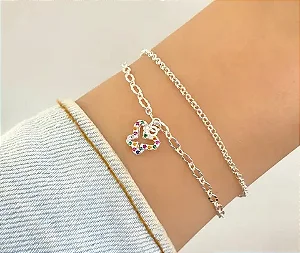 PULSEIRA PRATEADA RÓDIO DUPLA BORBOLETA CRAVEJADA