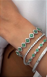 PULSEIRA PRATEADA RÓDIO TREVO VERDE CRAVEJADO