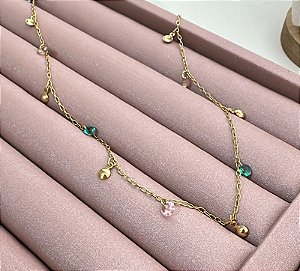 COLAR DOURADO LONGO PEDRAS COLORIDAS