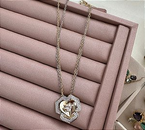 COLAR CORRENTE DUPLA DOURADO E PRATEADO COM FLOR CRAVEJADA