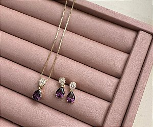 CONJUNTO GOTA LILÁS BANHO OURO