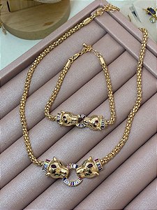 CONJUNTO DOURADO COLAR E PULSEIRA PANTERA CRAVEJADO