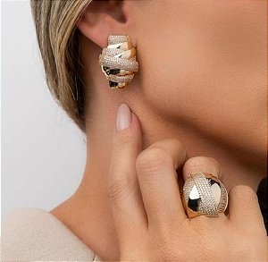 CONJUNTO DOURADO ANEL E BRINCOS DETALHE CRAVEJADO