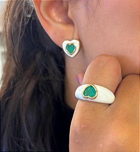 CONJUNTO DOURADO ANEL E BRINCOS ZIRCÔNIA VERDE