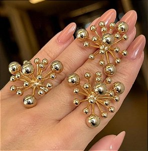 CONJUNTO DOURADO ANEL E BRINCOS ESFERAS