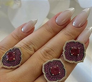 CONJUNTO DOURADO ANEL E BRINCOS CRAVEJADOS ZIRCÔNIAS ROXAS