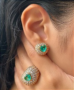 CONJUNTO DOURADO CRAVEJADO COM ZIRCÔNIA CORAÇÃO VERDE